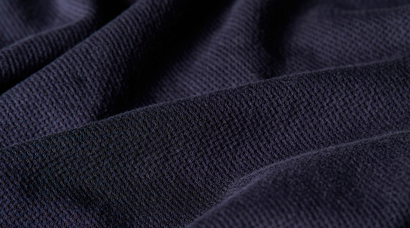 Sunspel Riviera polo shirt fabric in navy