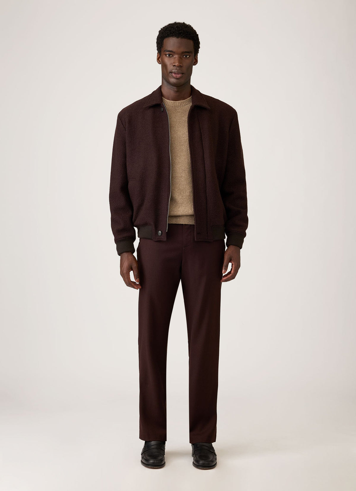 Men's Heavy Boiled Wool Jersey Bomber in Dark Chocolate