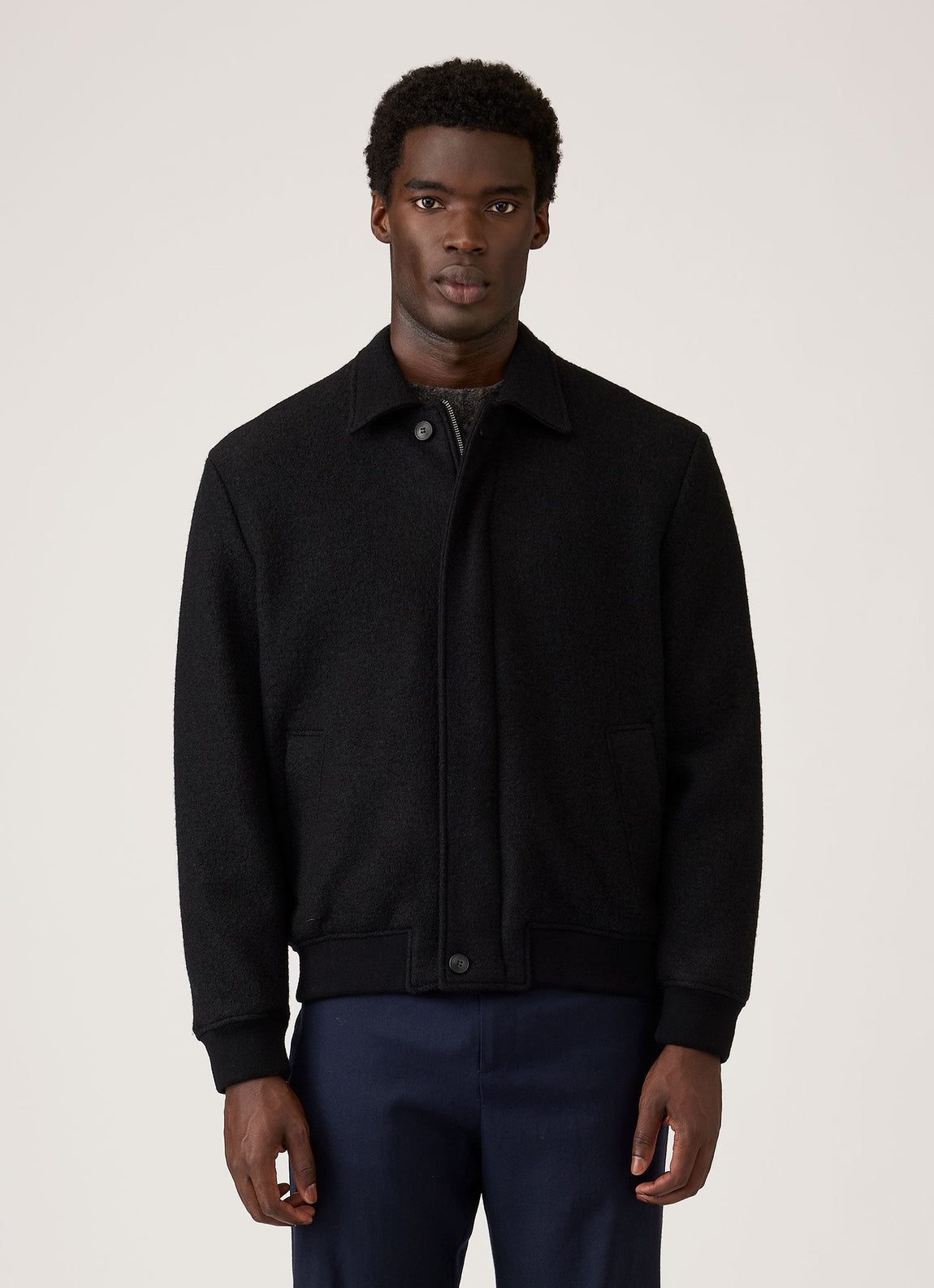 Men's Heavy Boiled Wool Jersey Bomber in Navy