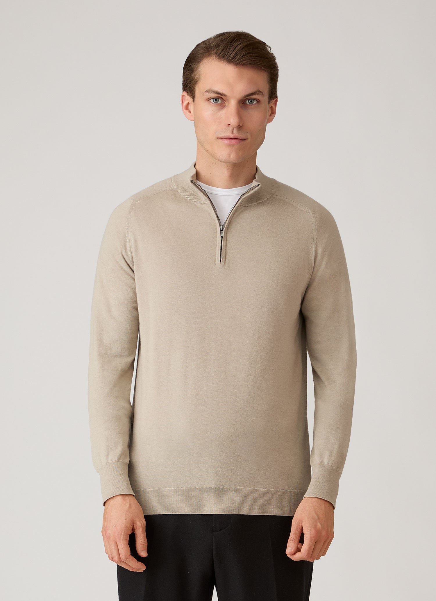Men's Sea Island Cashmere Half Zip in Stone