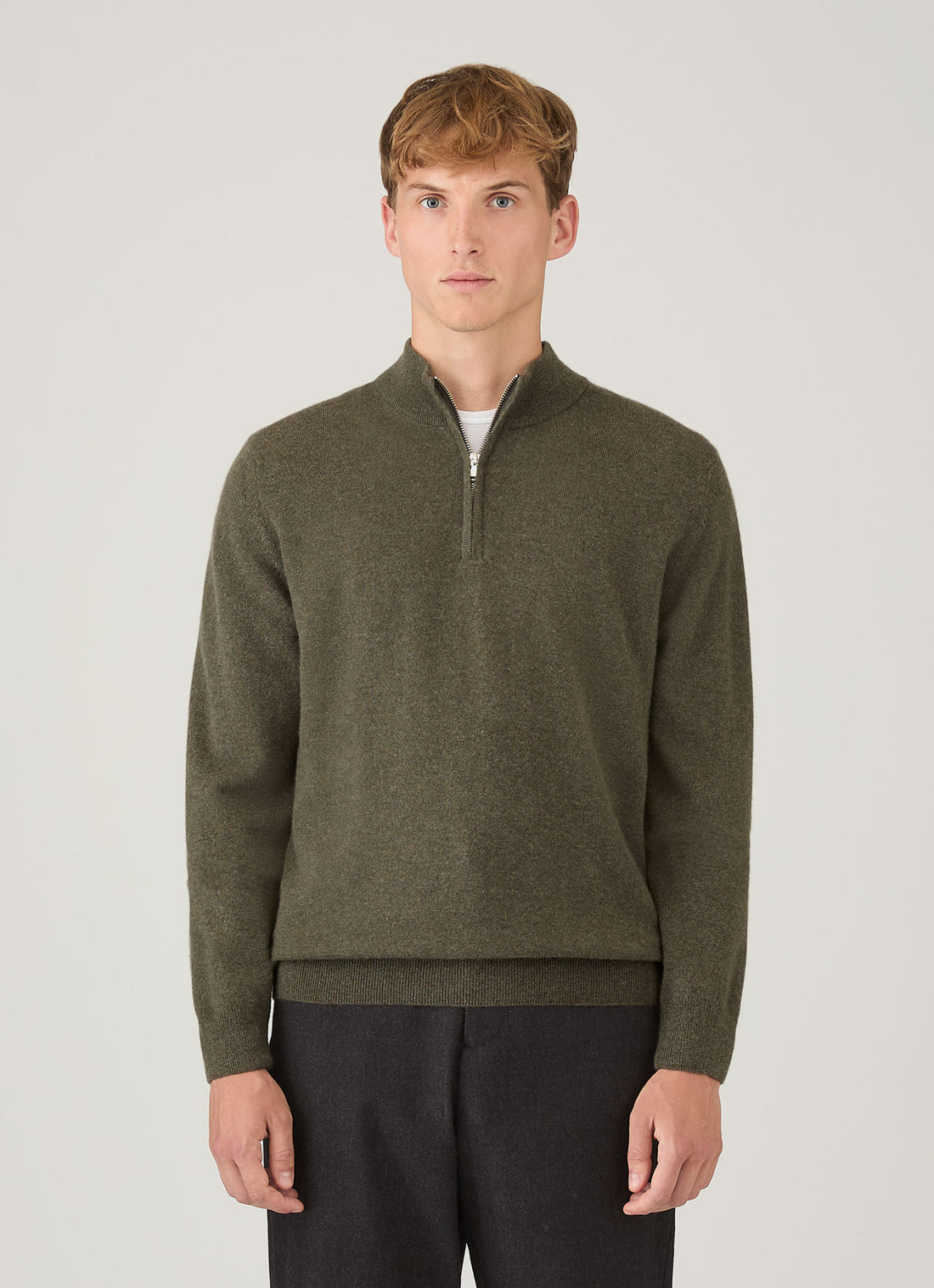 Men's Cashmere Half Zip Jumper in Khaki