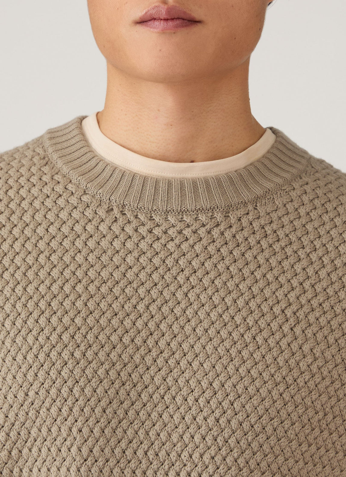 Men's Merino Wool Basketweave Jumper in Stone