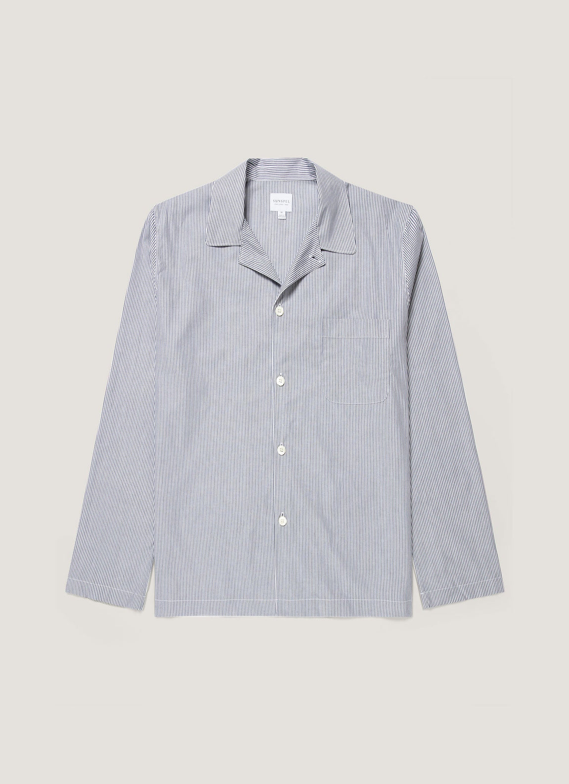 Men's Cotton Poplin Pyjama Shirt in White/Navy/Light Blue