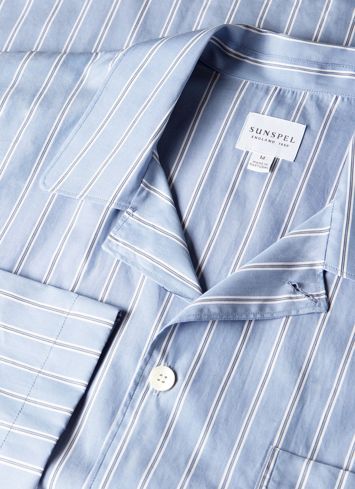 Men's Cotton Poplin Pyjama Shirt in Mid Blue Wide Stripe