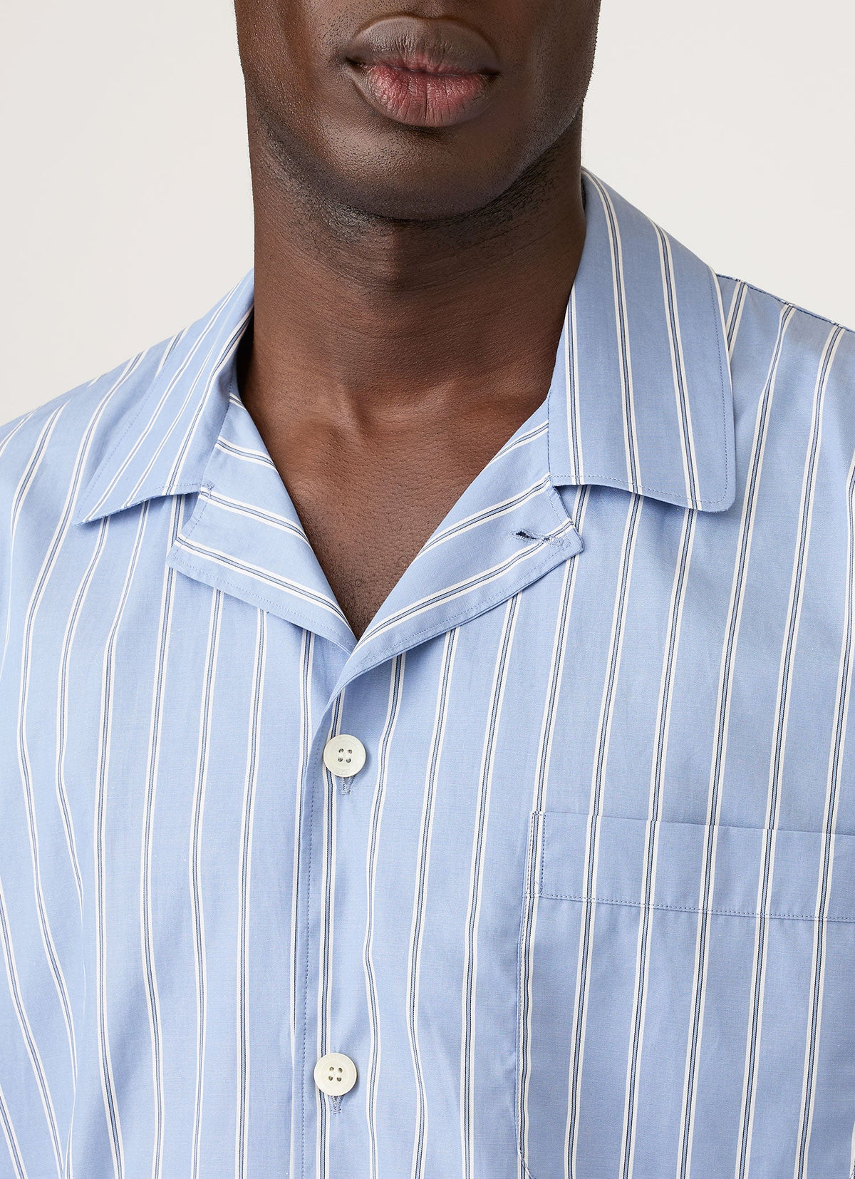 Men's Cotton Poplin Pyjama Shirt in Mid Blue Wide Stripe