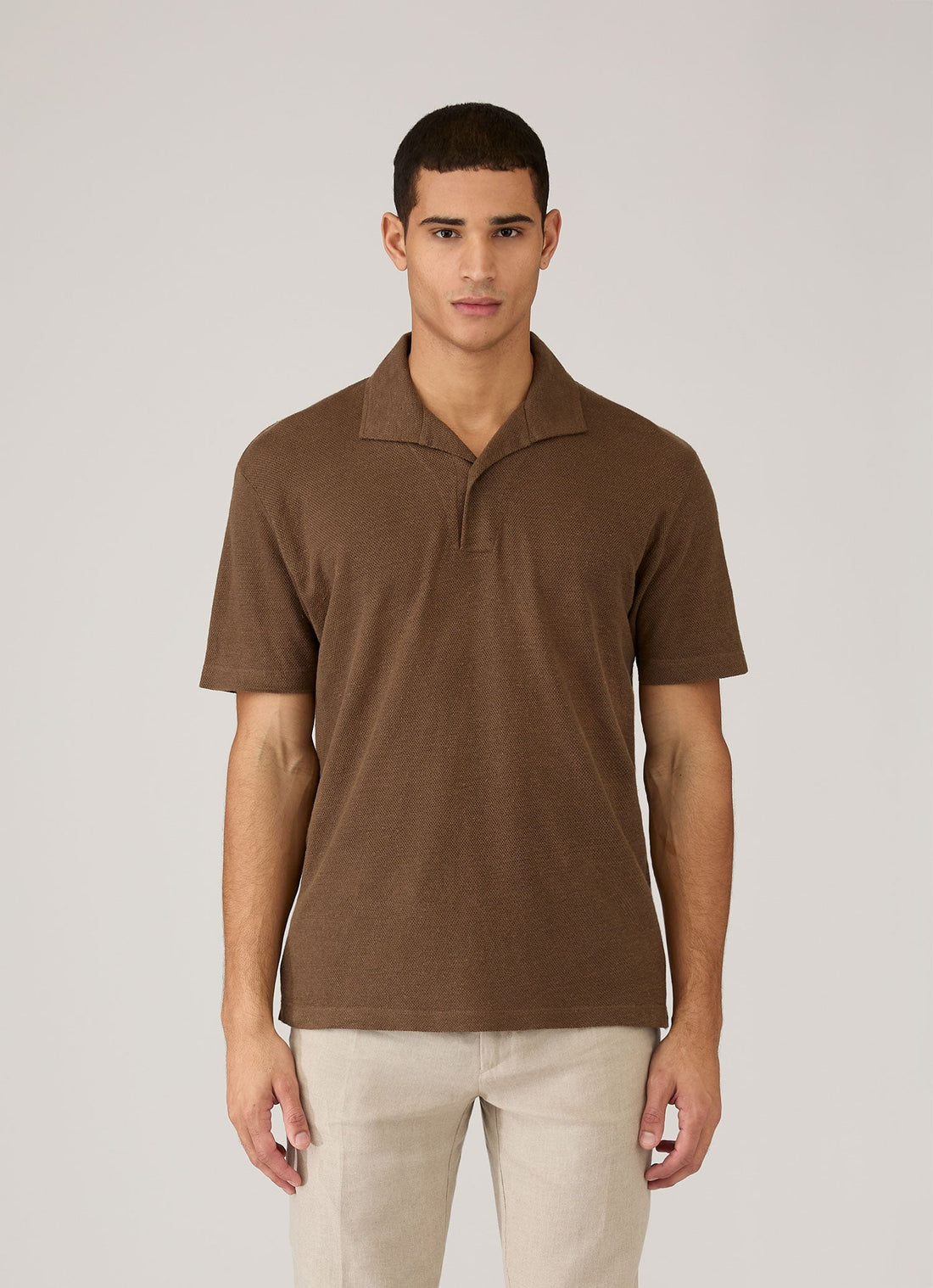 Men's Linen Piqué Polo Shirt in Dark Walnut