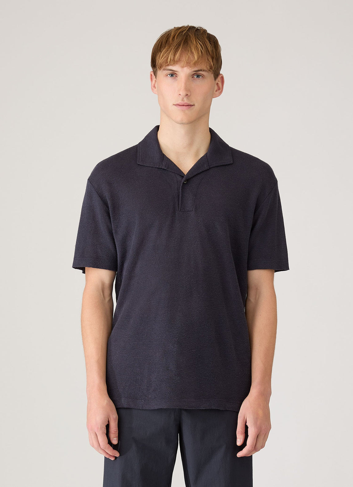 Men's Linen Piqué Polo Shirt in Navy
