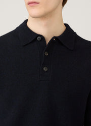 Men's Lambswool Knitted Polo Shirt in Dark Navy Mouline