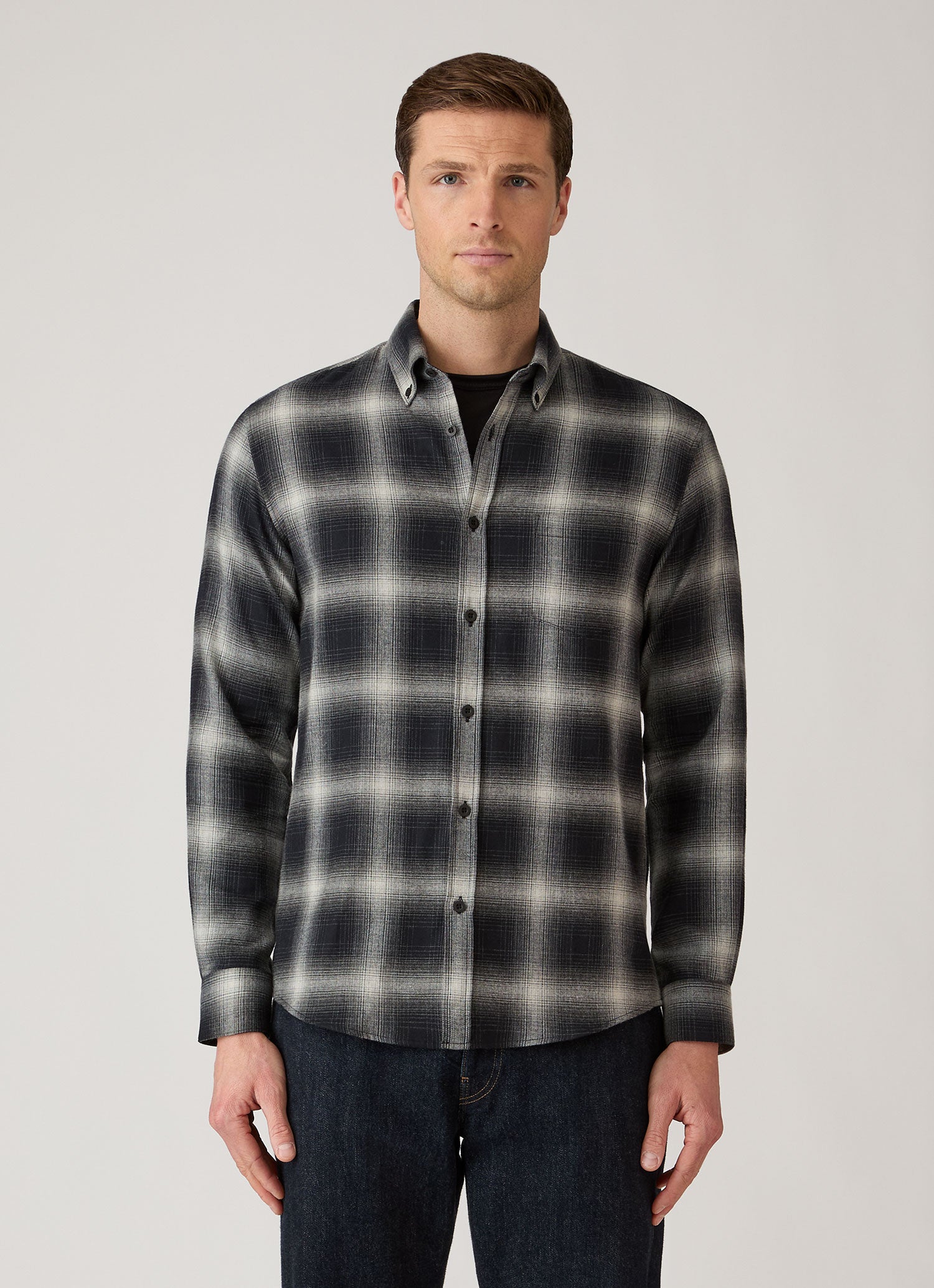 Men's Button Down Flannel Shirt in Black Melton Check