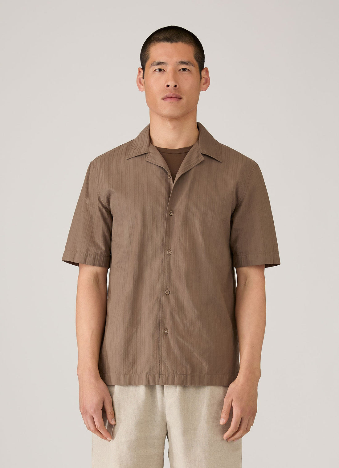 Men's Textured Stripe Camp Collar Shirt in Dark Cedar