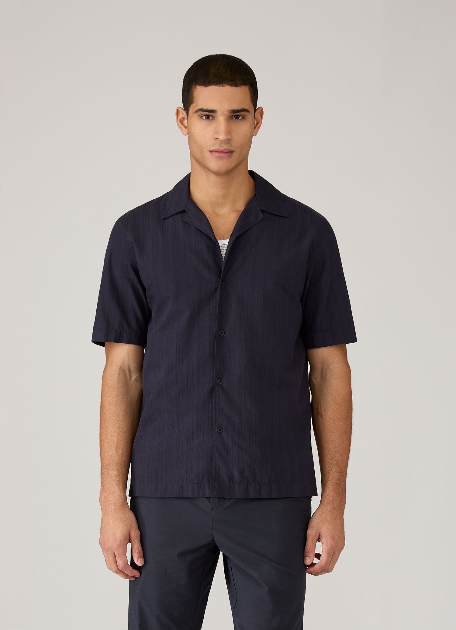 Men's Textured Stripe Camp Collar Shirt in Navy