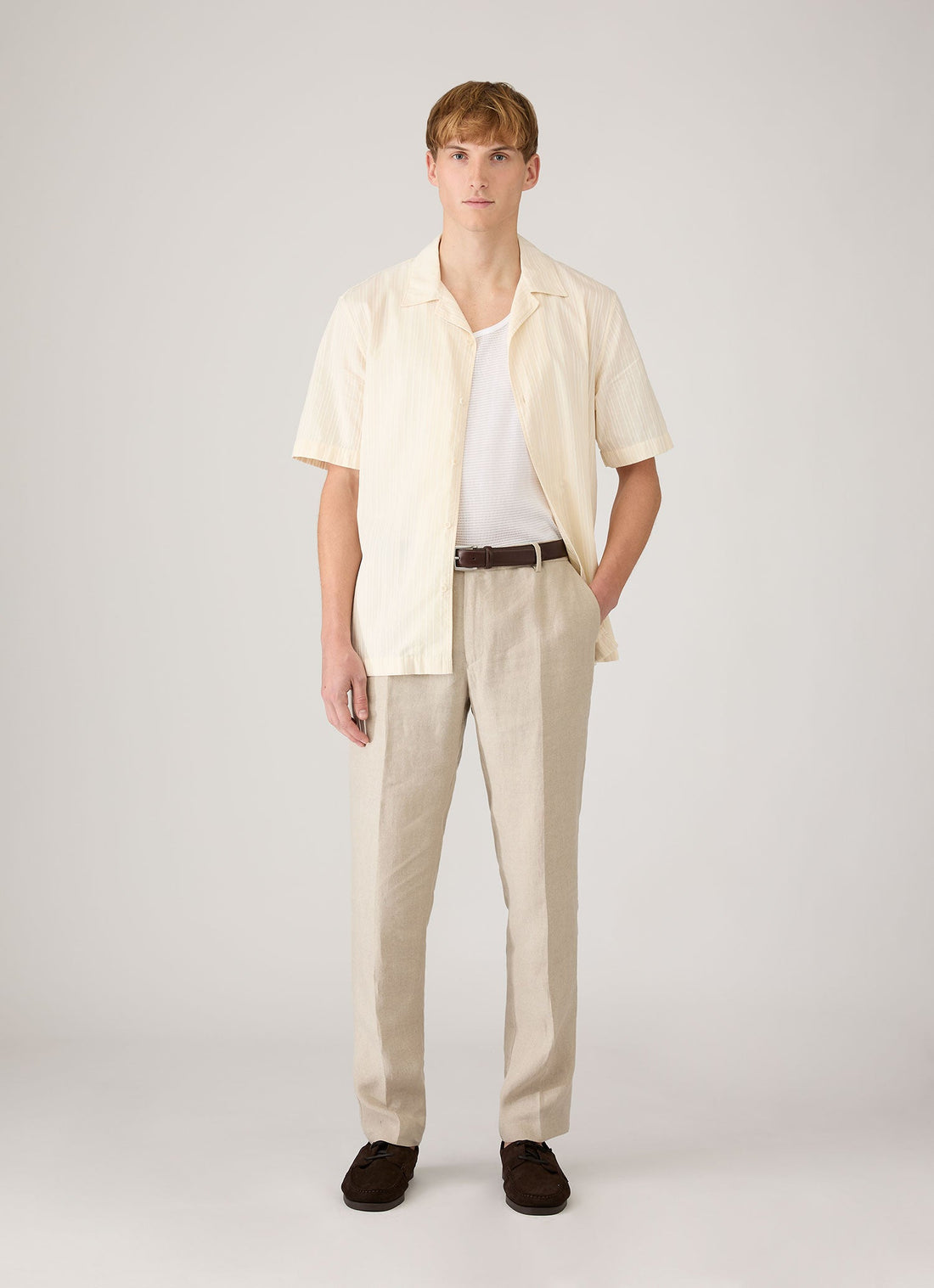 Men's Textured Stripe Camp Collar Shirt in Ecru