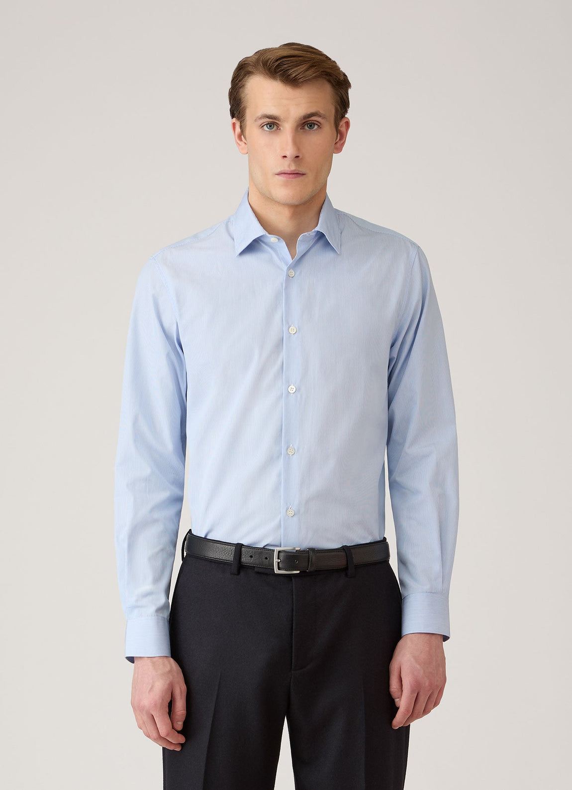 Men's Cotton Poplin Shirt in Mid Blue Fine Stripe