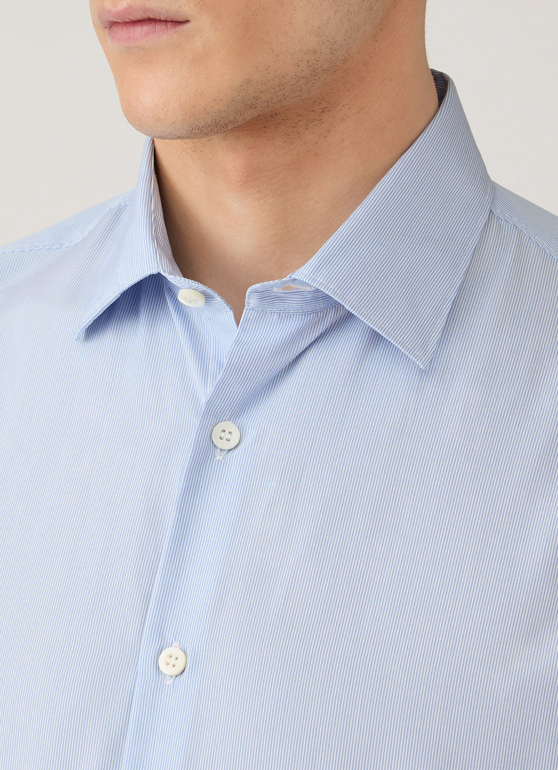 Men's Cotton Poplin Shirt in Mid Blue Fine Stripe
