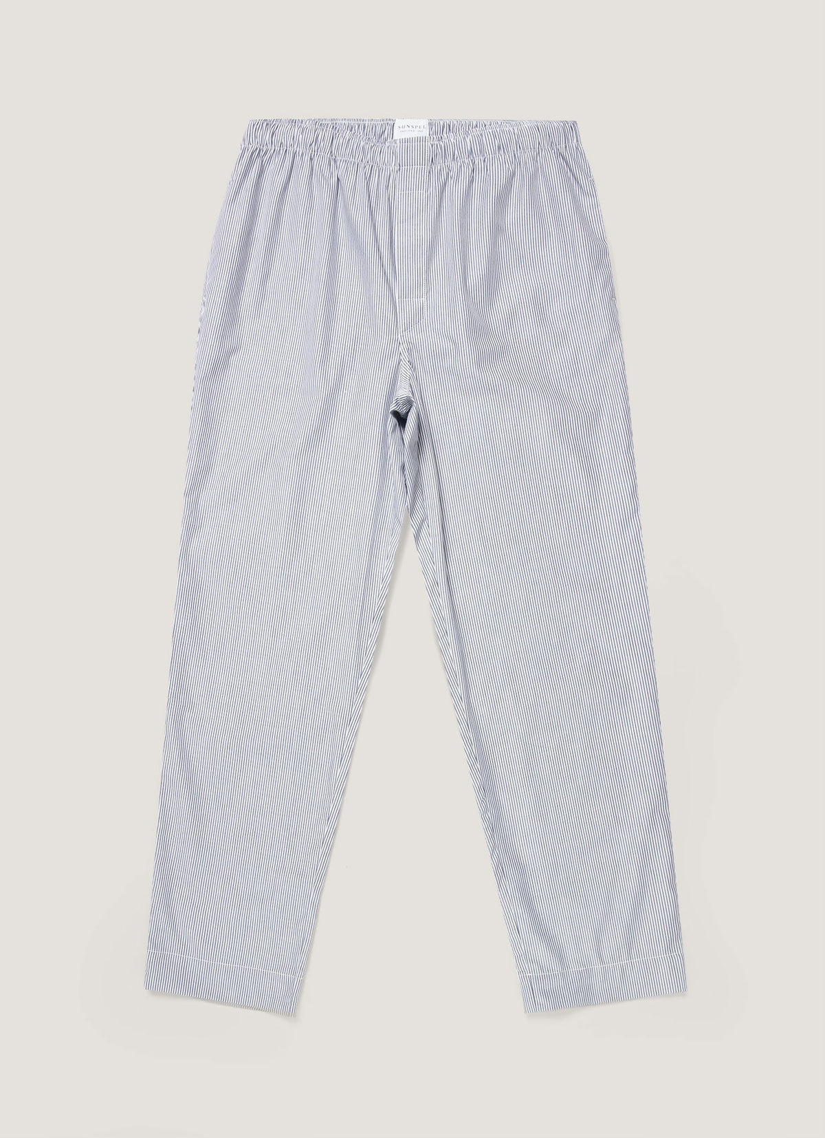 Men's Cotton Poplin Pyjama Trouser in White/Navy/Light Blue