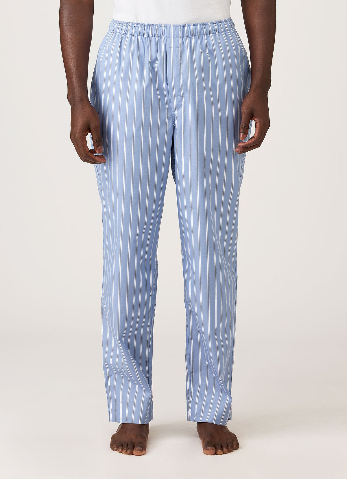 Men's Cotton Poplin Pyjama Trouser in Mid Blue Wide Stripe