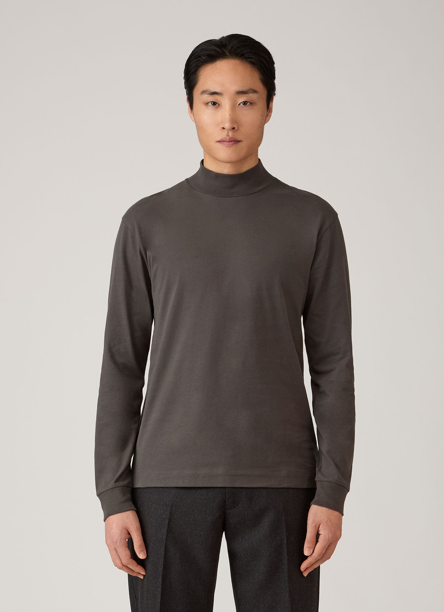 Men's Long Sleeve Brushed Cotton Mock Neck T-shirt in Anthracite
