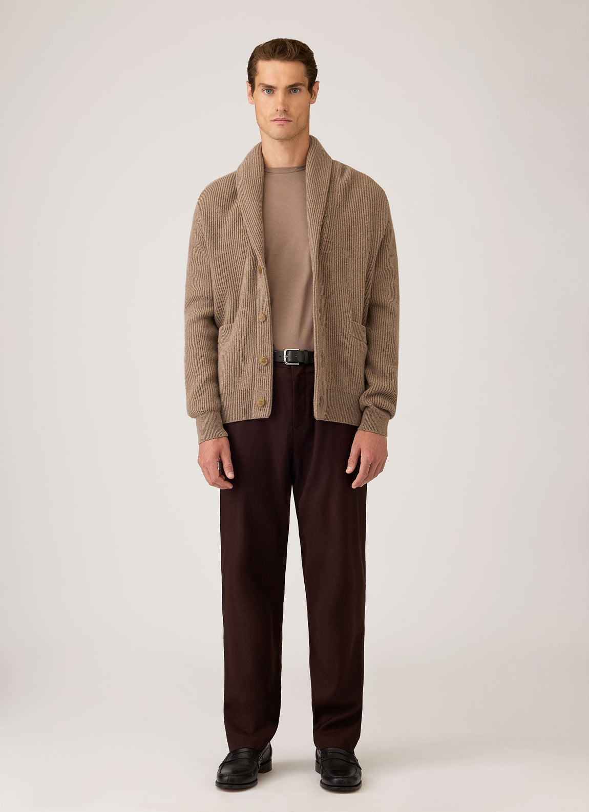 Men's Lambswool Cashmere Shawl Cardigan in Taupe