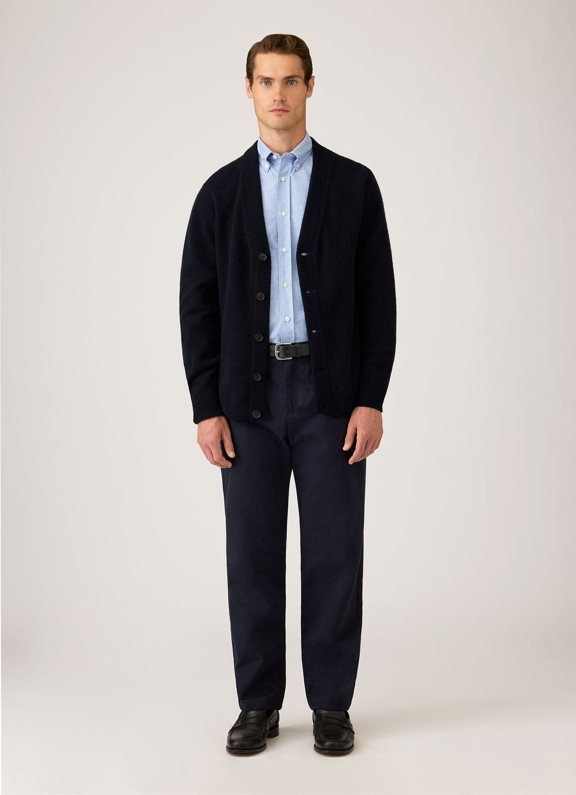 Men's Lambswool Cardigan in Dark Navy Mouline