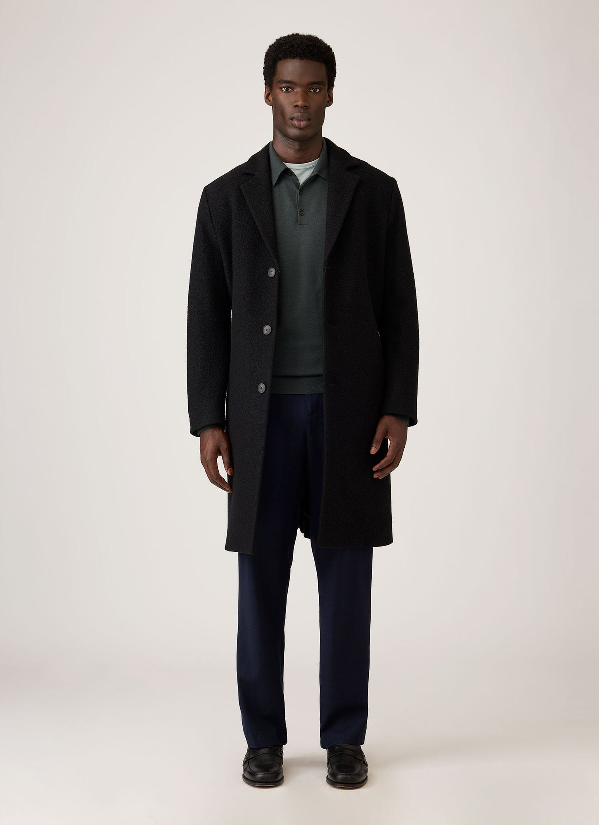 Men's Heavy Boiled Wool Jersey Overcoat in Black