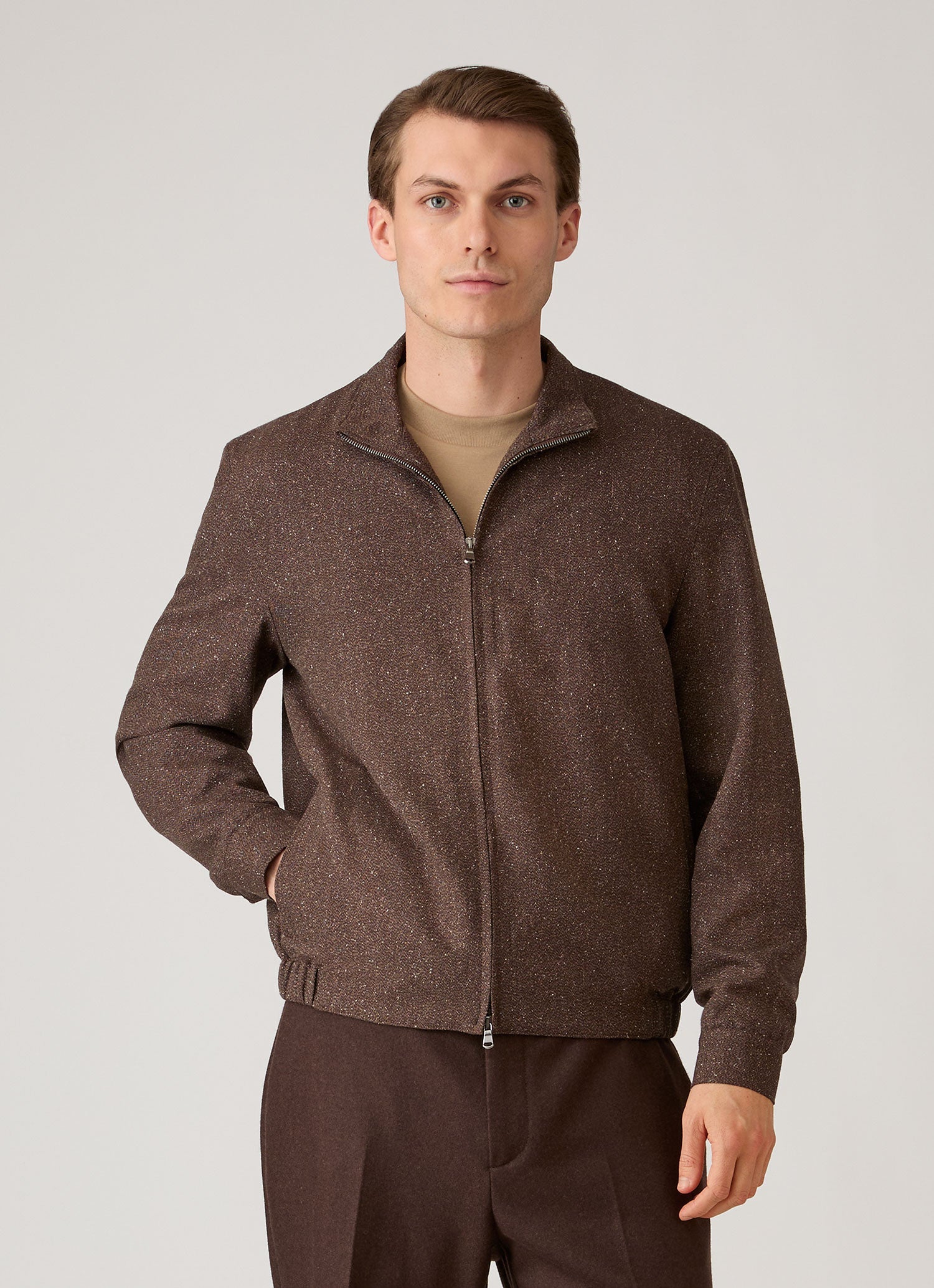 Men's Donegal Tweed Zip Jacket in Dark Brown Melange