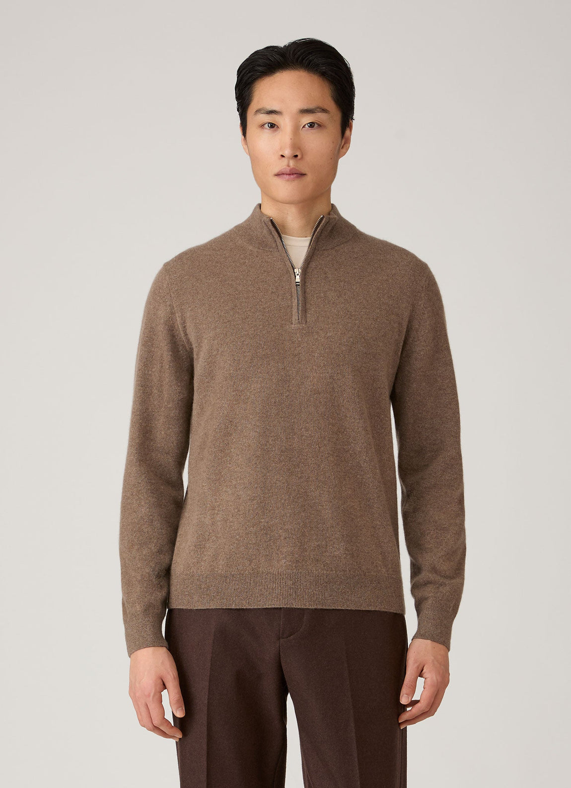 Men's Cashmere Half Zip Jumper in Taupe