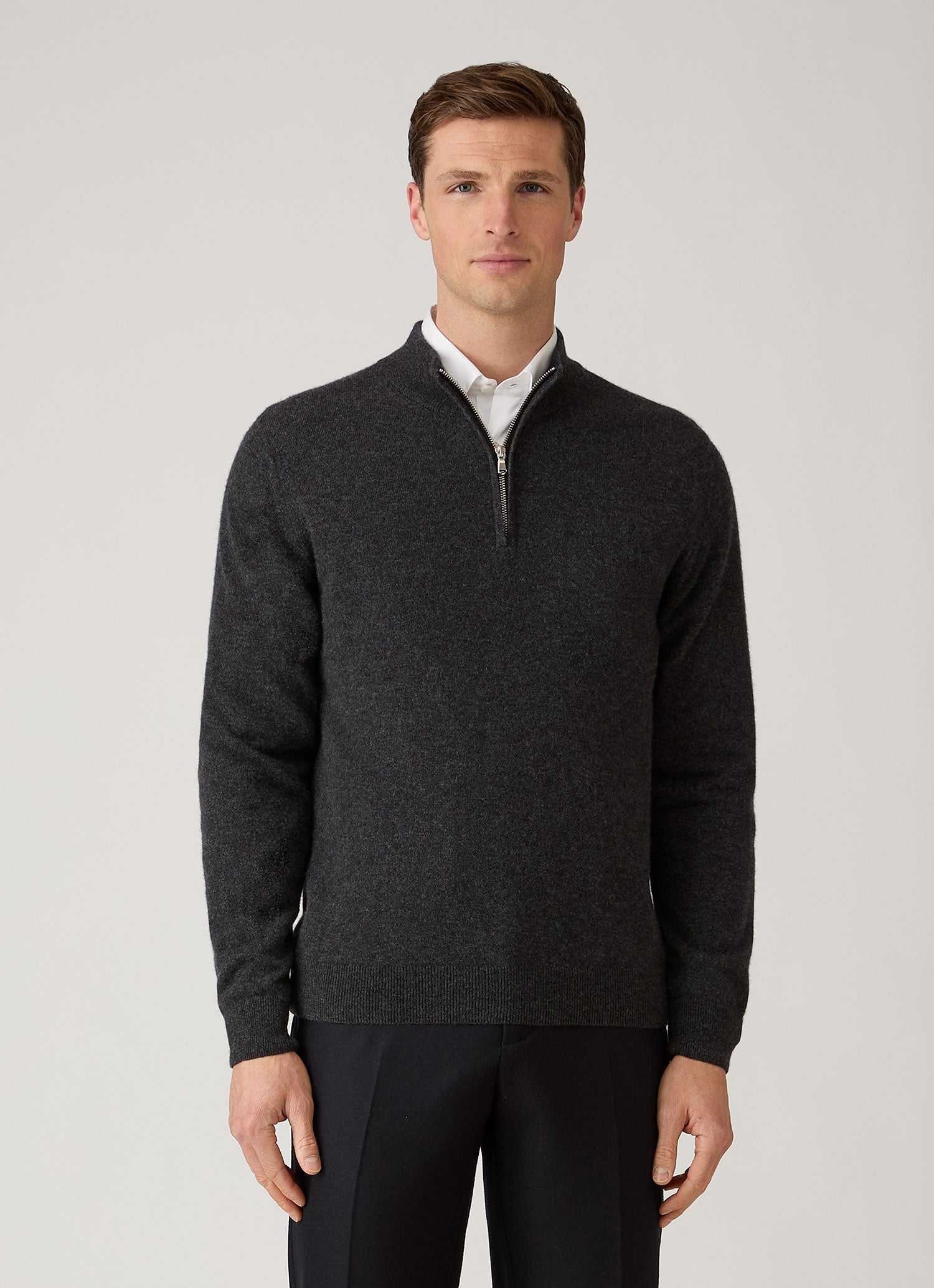 Men's Cashmere Half Zip Jumper in Charcoal Melange