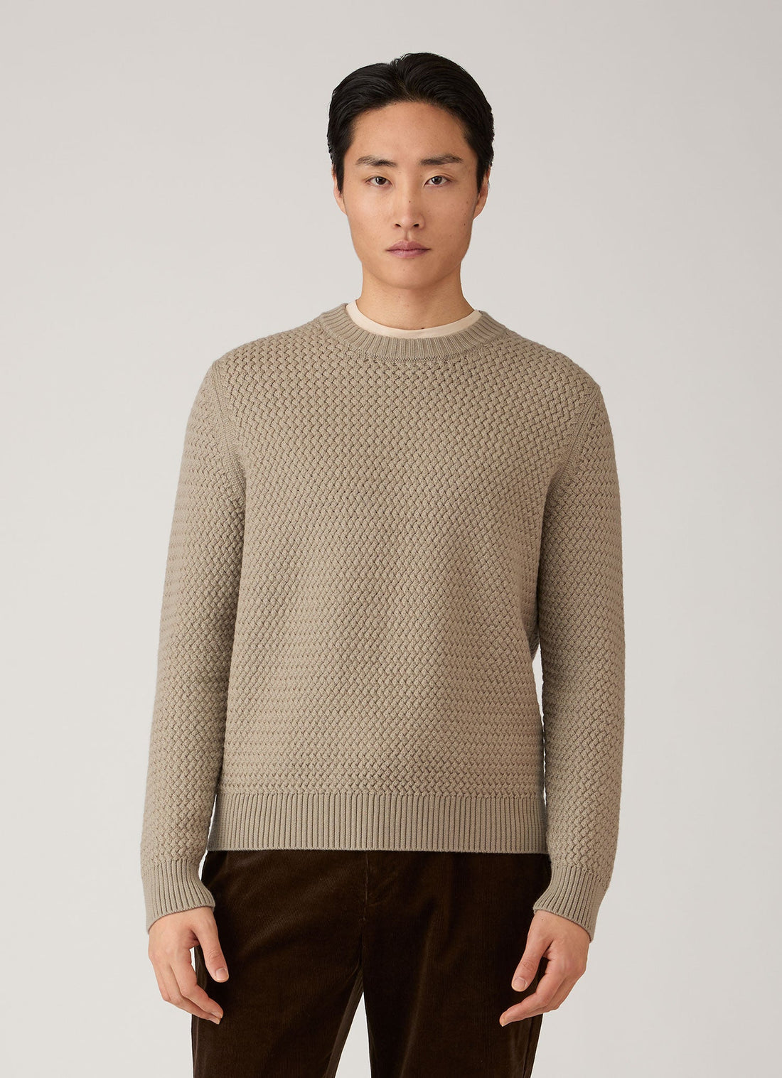 Men's Merino Wool Basketweave Jumper in Stone
