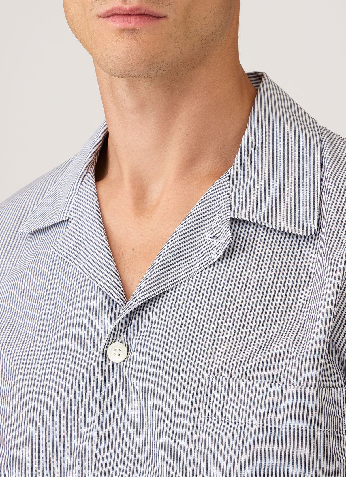 Men's Cotton Poplin Pyjama Shirt in White/Navy/Light Blue
