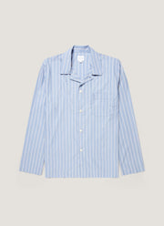 Men's Cotton Poplin Pyjama Shirt in Mid Blue Wide Stripe