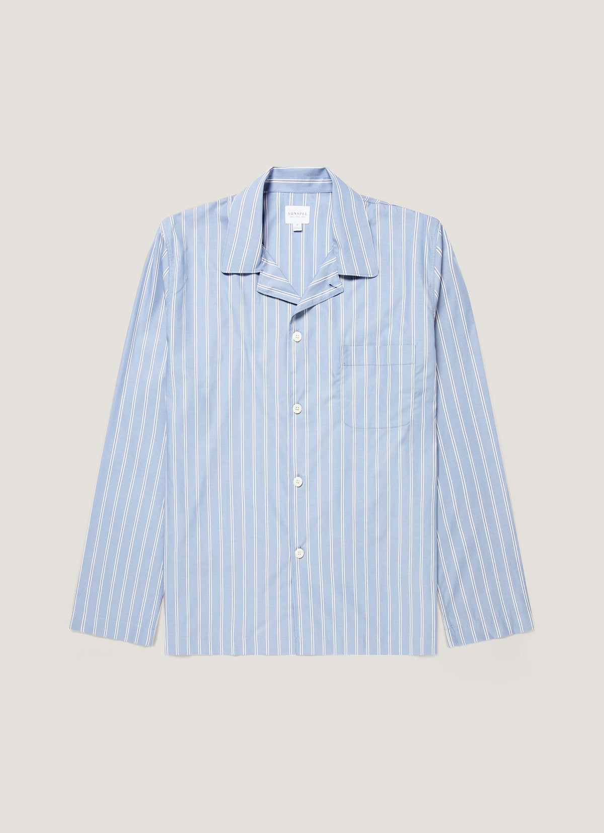 Men's Cotton Poplin Pyjama Shirt in Mid Blue Wide Stripe