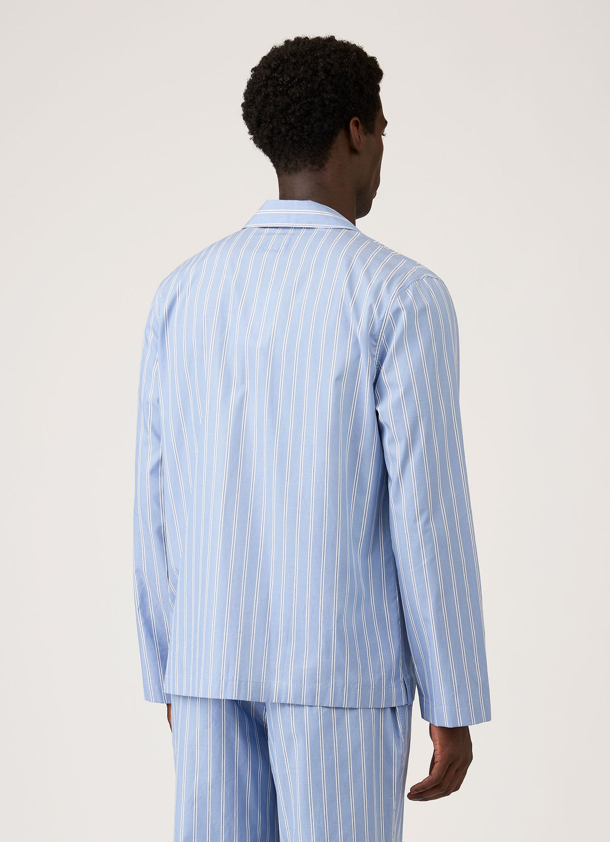 Men's Cotton Poplin Pyjama Shirt in Mid Blue Wide Stripe