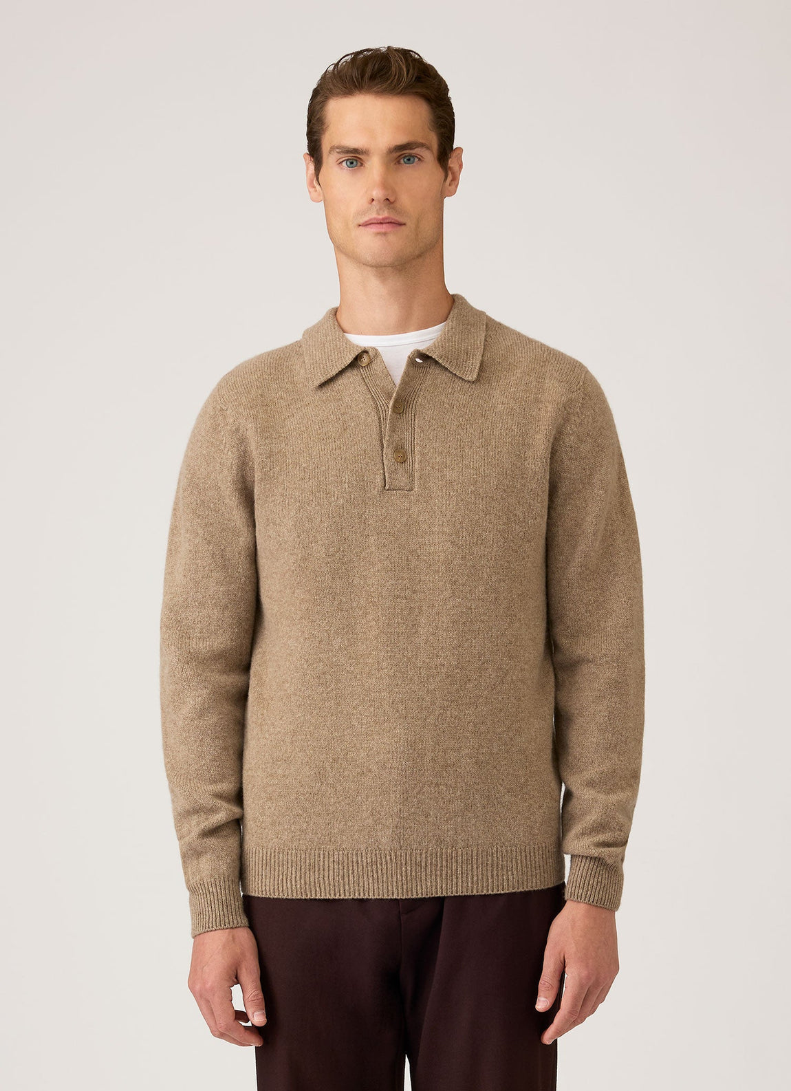 Men's Lambswool Knitted Polo Shirt in Taupe