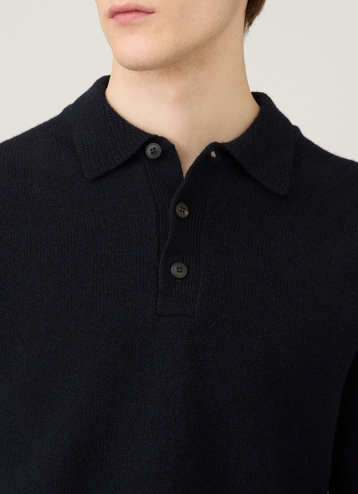 Men's Lambswool Knitted Polo Shirt in Dark Navy Mouline