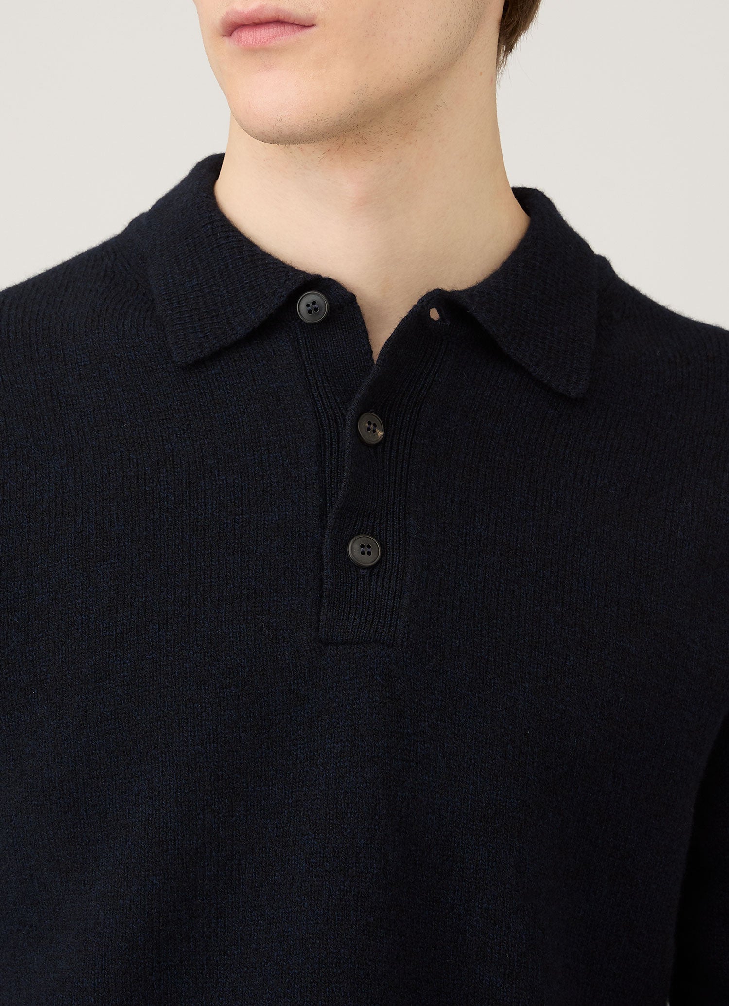 Men's Lambswool Knitted Polo Shirt in Dark Navy Mouline