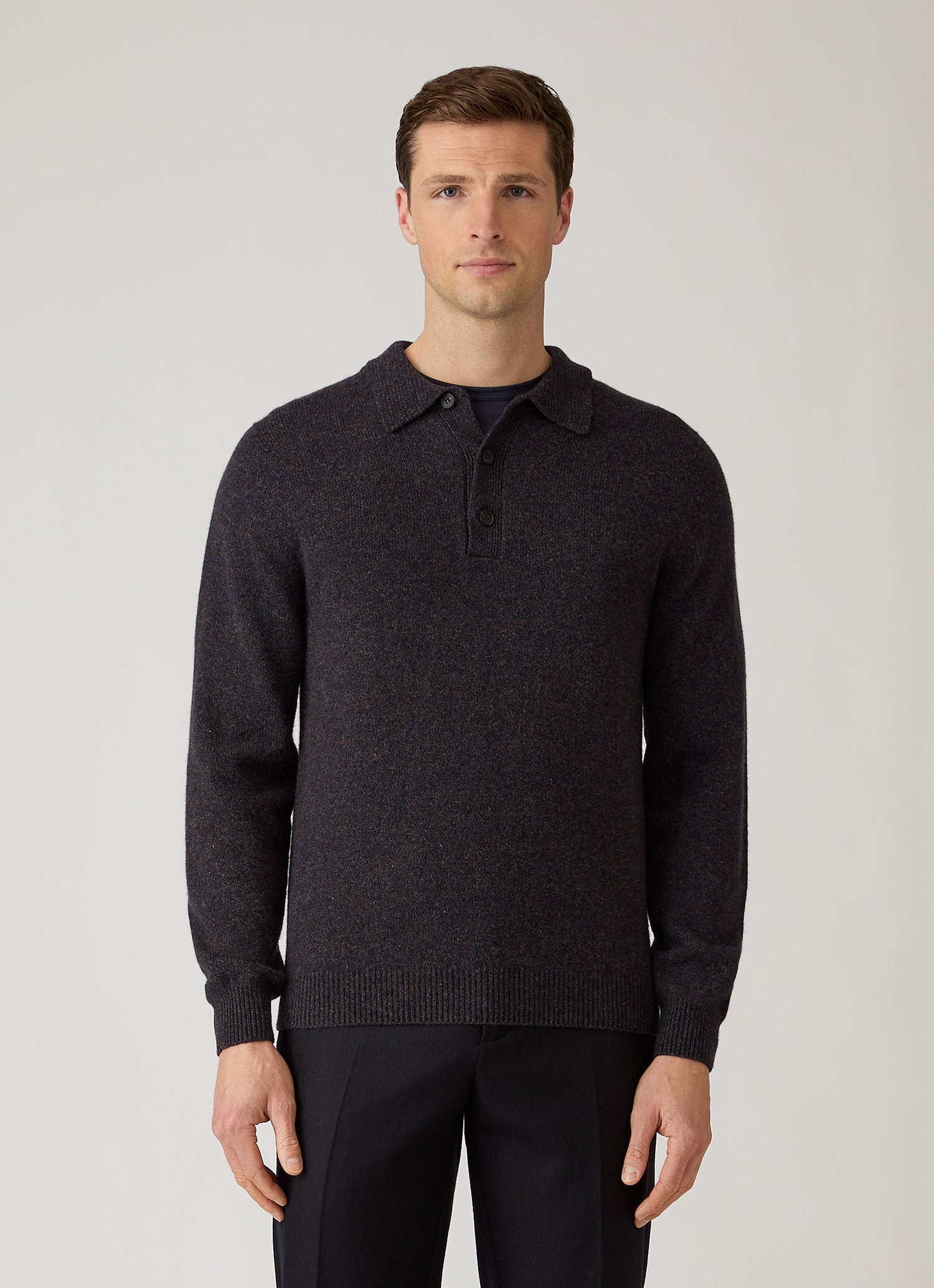 Men's Lambswool Knitted Polo Shirt in Midnight Navy Twist