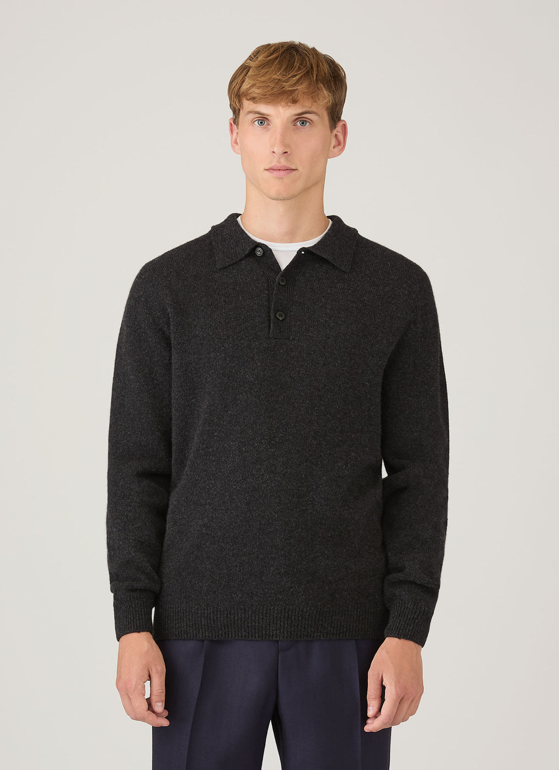 Men's Lambswool Knitted Polo Shirt in Charcoal Melange