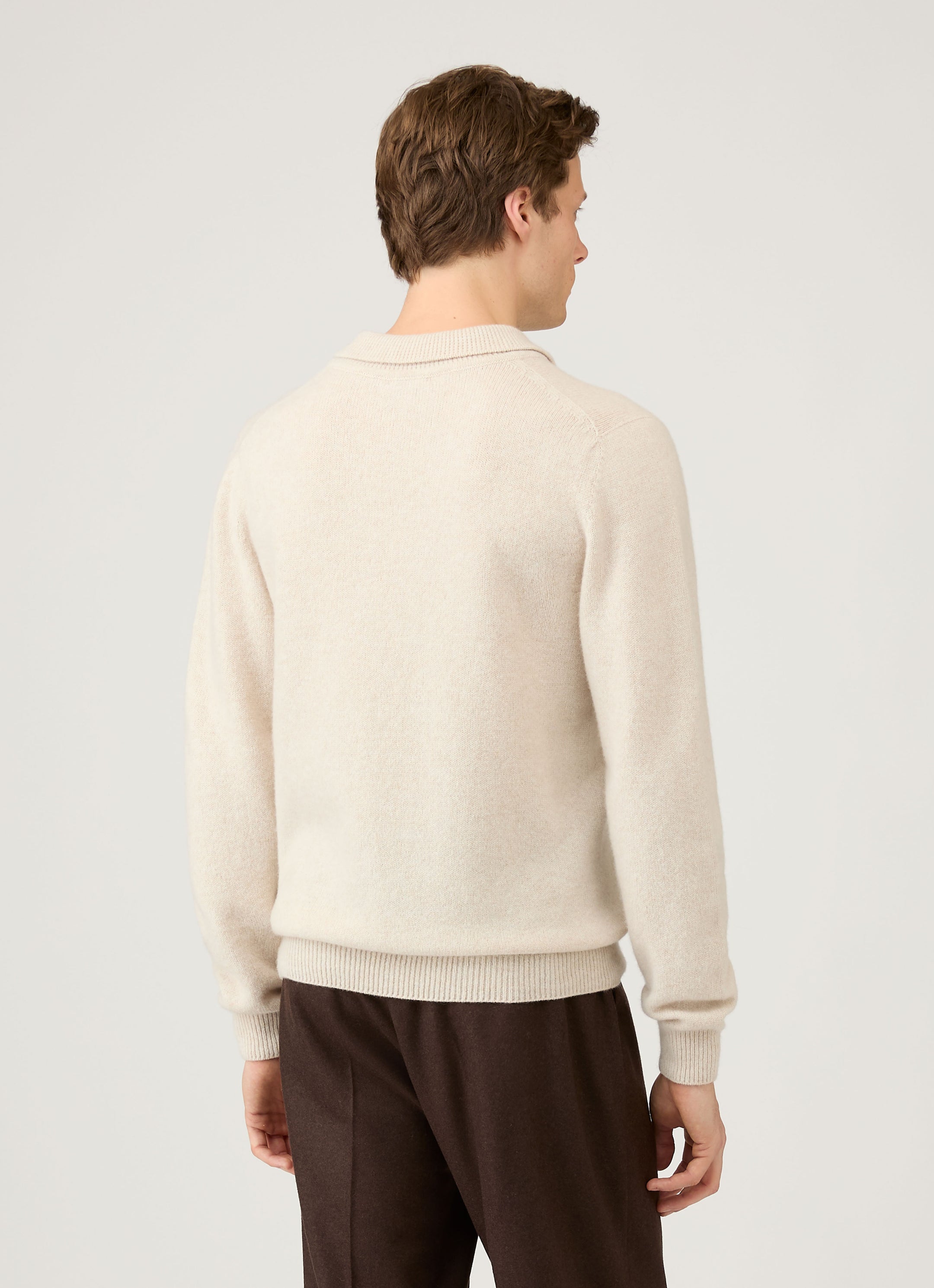 Men's Lambswool Knitted Polo Shirt in Oatmeal Melange