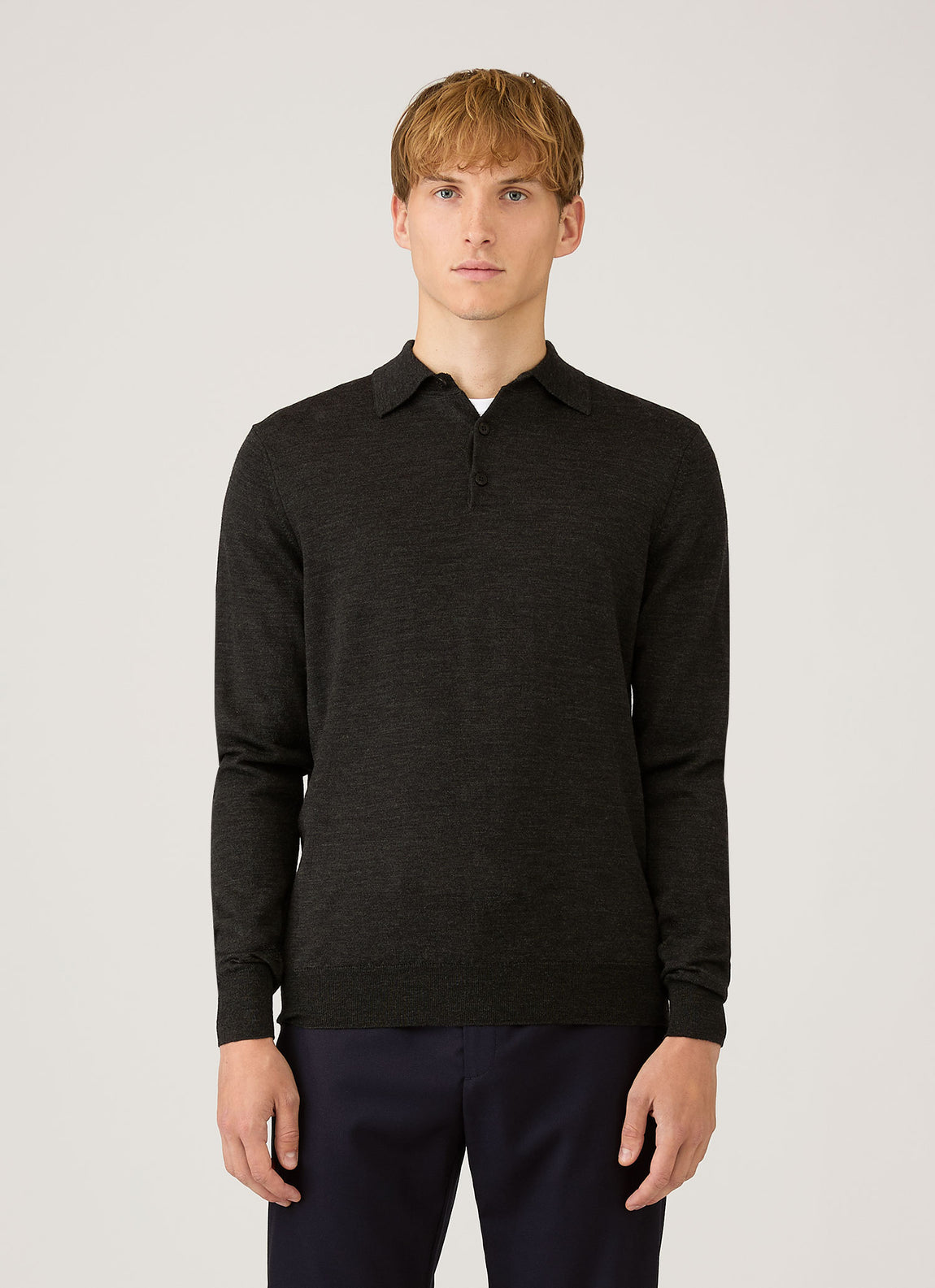 Men's Extra-Fine Merino Knitted Polo Shirt in Charcoal Melange