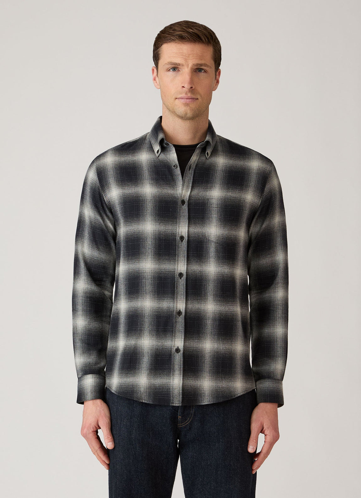Men's Button Down Flannel Shirt in Black Melton Check