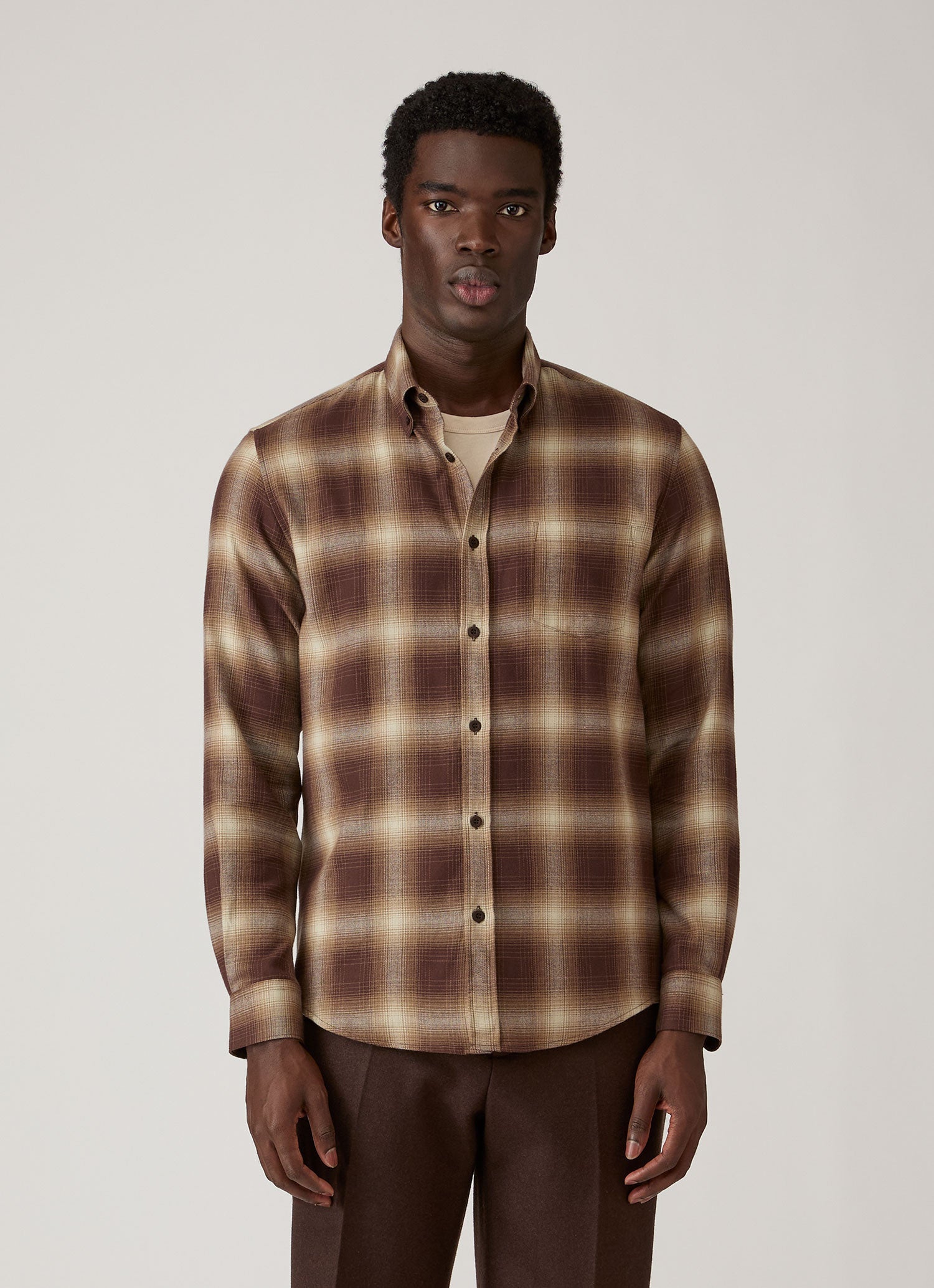 Men's Button Down Flannel Shirt in Chestnut Melton Check