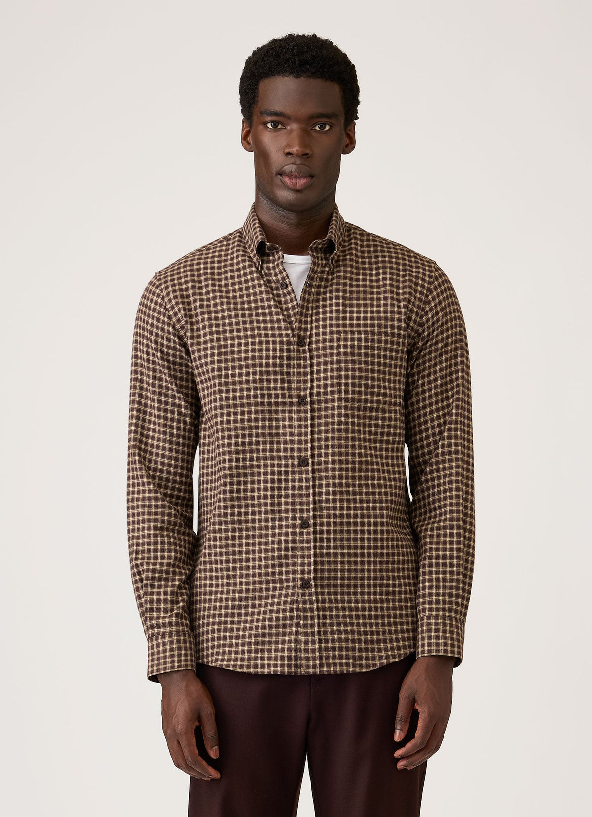 Men's Button Down Flannel Shirt in Chestnut Small Melton Check