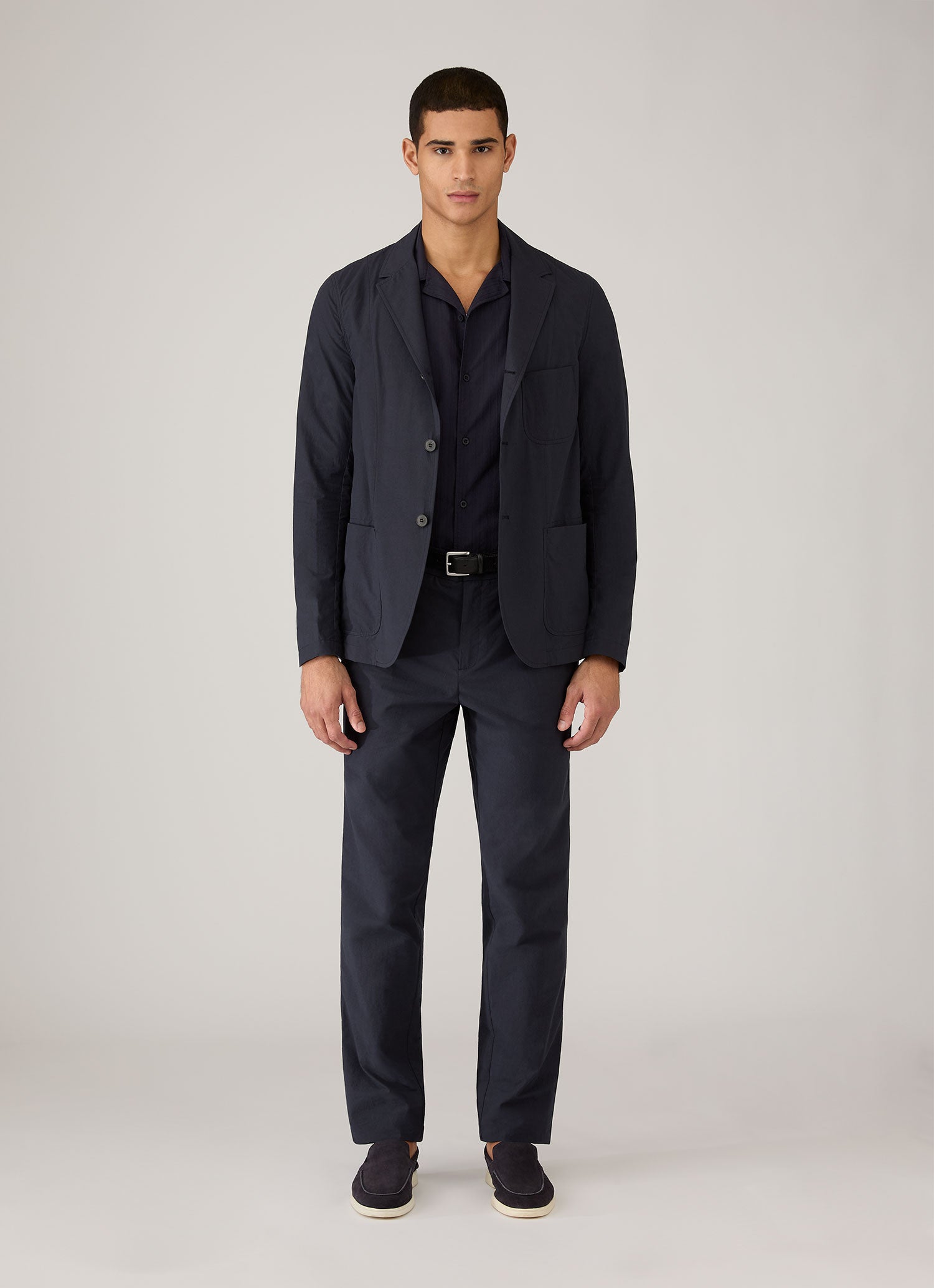 Men's Textured Stripe Camp Collar Shirt in Navy