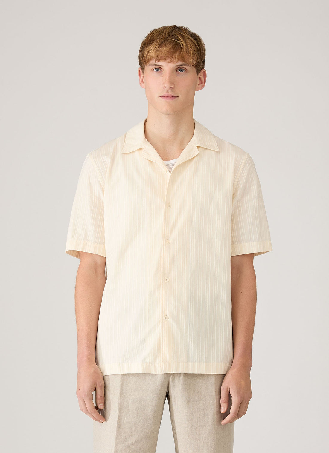 Men's Textured Stripe Camp Collar Shirt in Ecru
