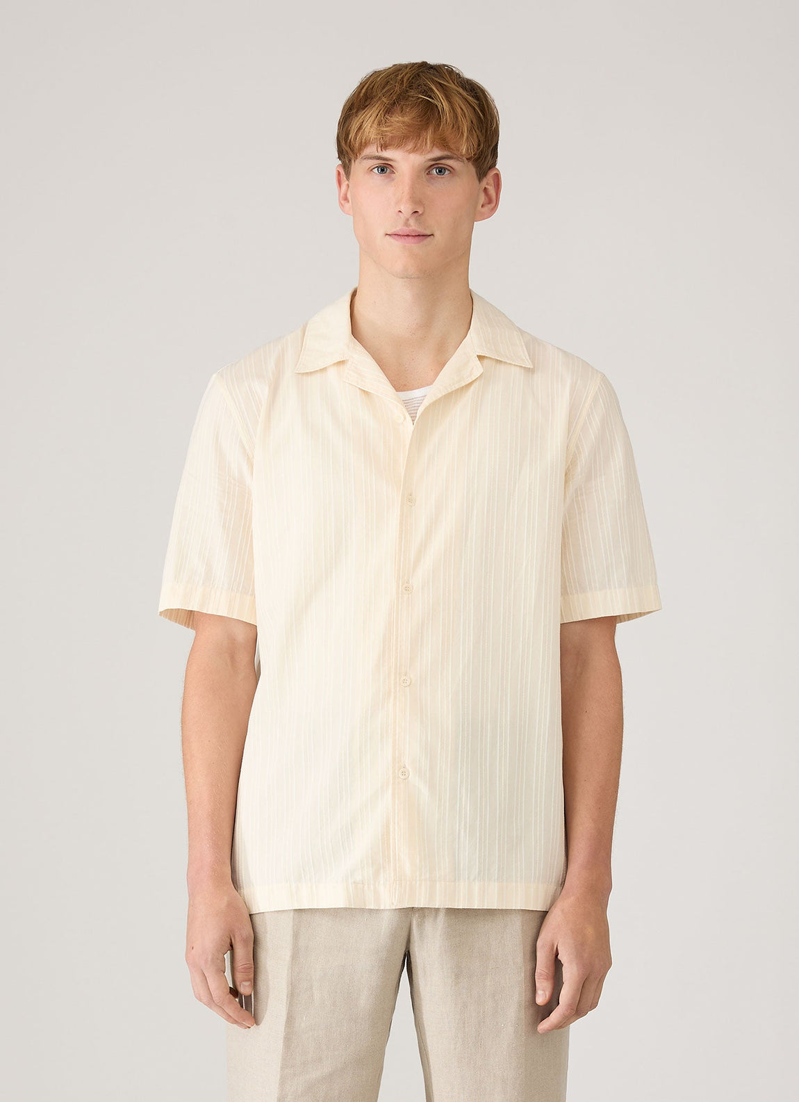 Men's Textured Stripe Camp Collar Shirt in Ecru