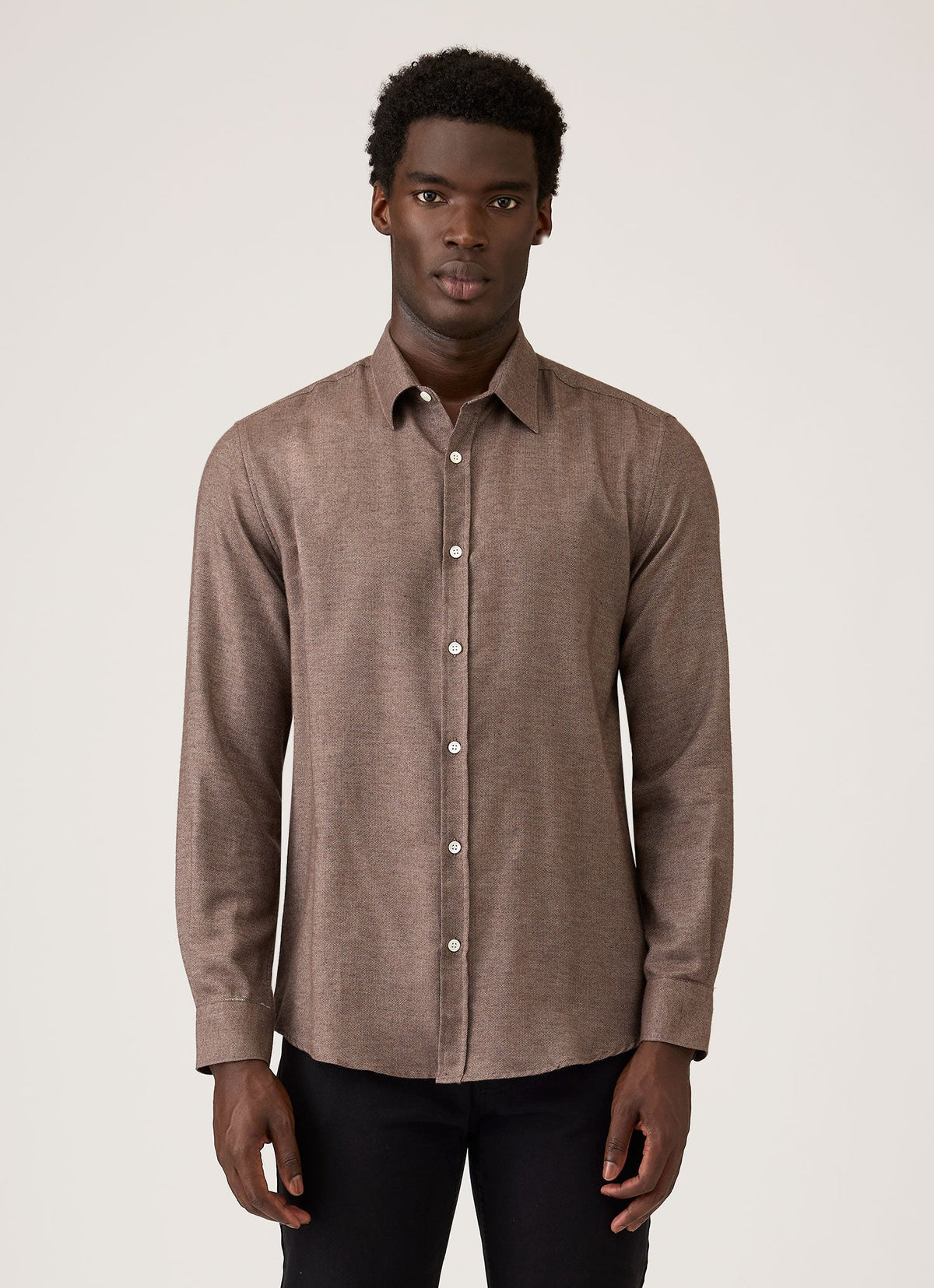 Men's Cotton Cashmere Herringbone Shirt in Chestnut Melange