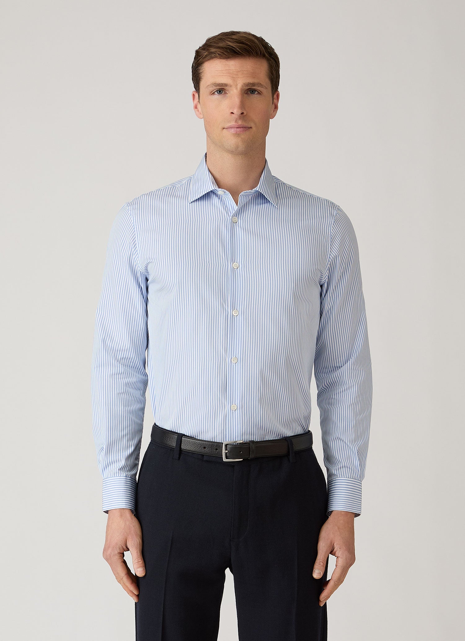 Men's Cotton Poplin Shirt in Mid Blue Bengal Stripe