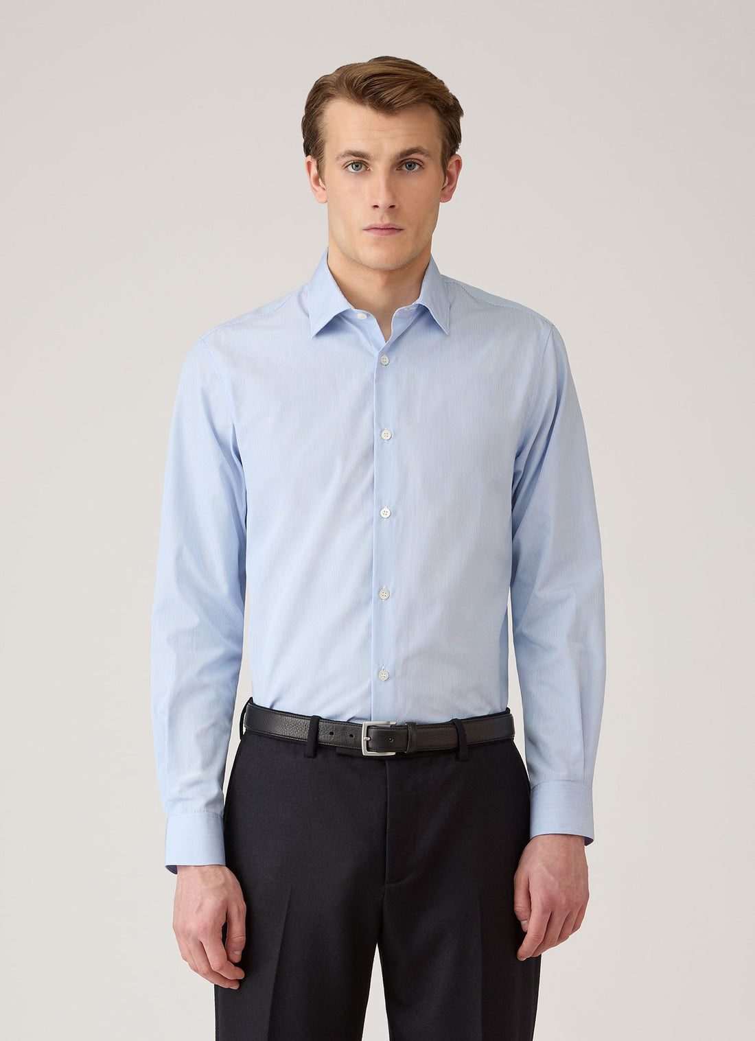 Men's Cotton Poplin Shirt in Mid Blue Fine Stripe