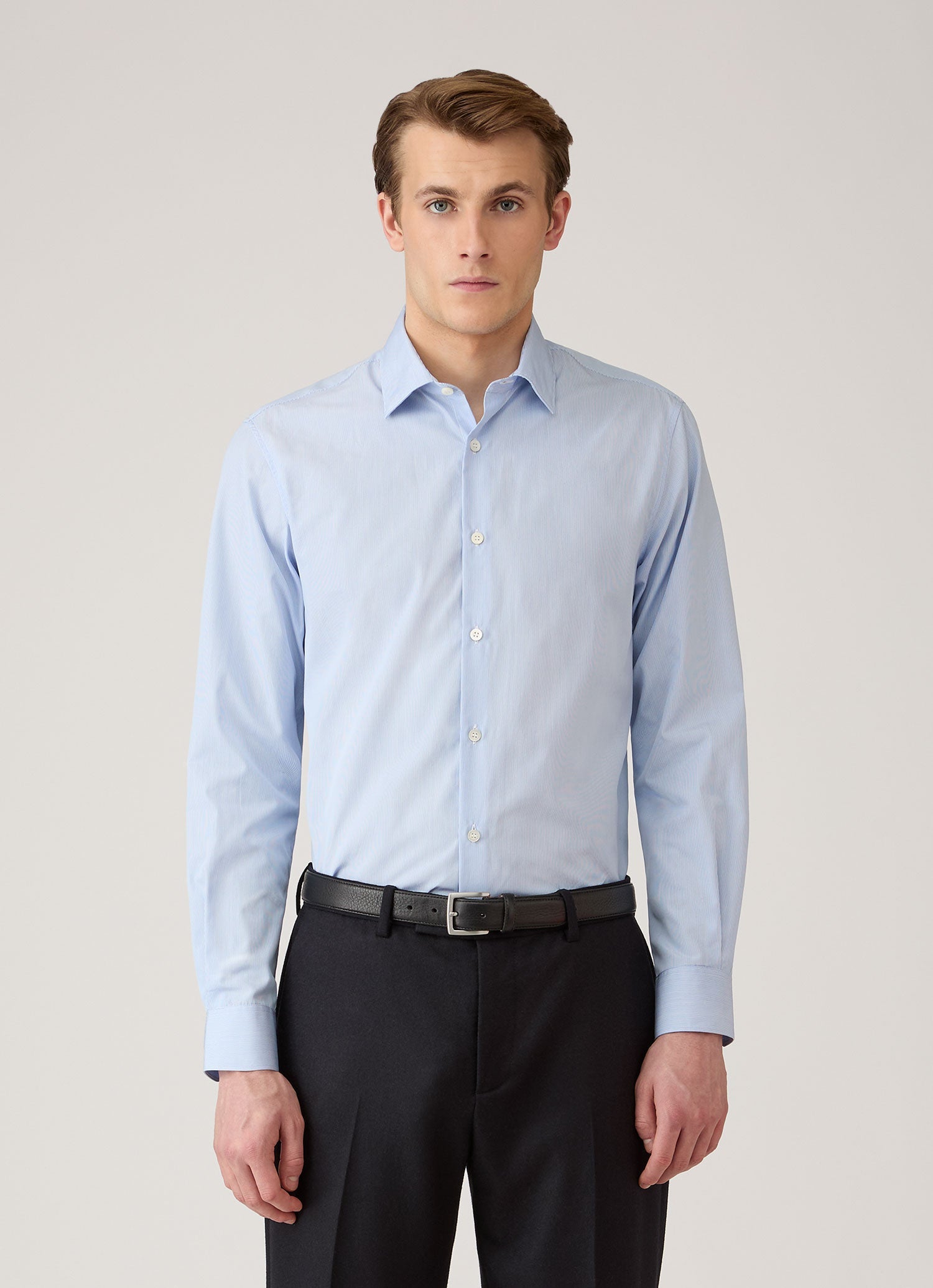 Men's Cotton Poplin Shirt in Mid Blue Fine Stripe