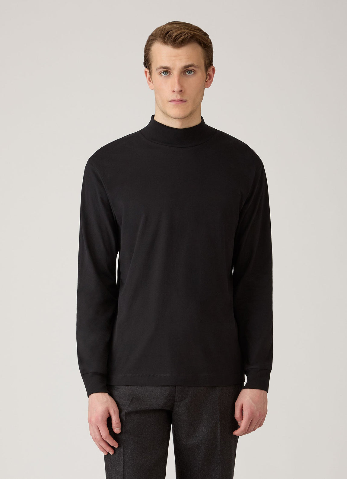 Men's Long Sleeve Brushed Cotton Mock Neck T-shirt in Black